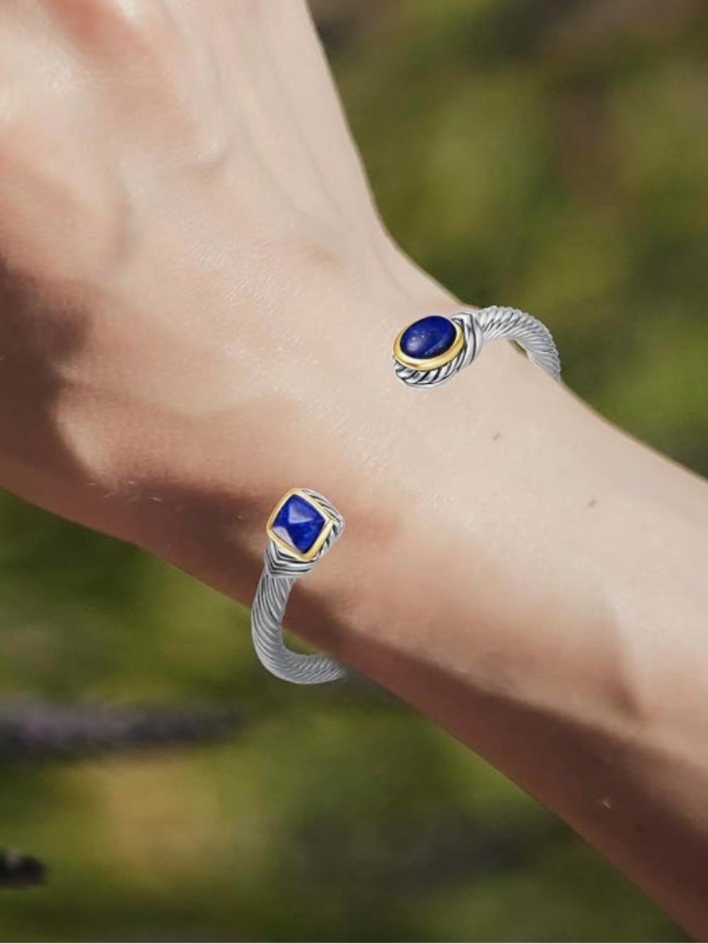 Elegant Blue Gem Two-Open Cuff Bracelet - Silver & Gold Accents